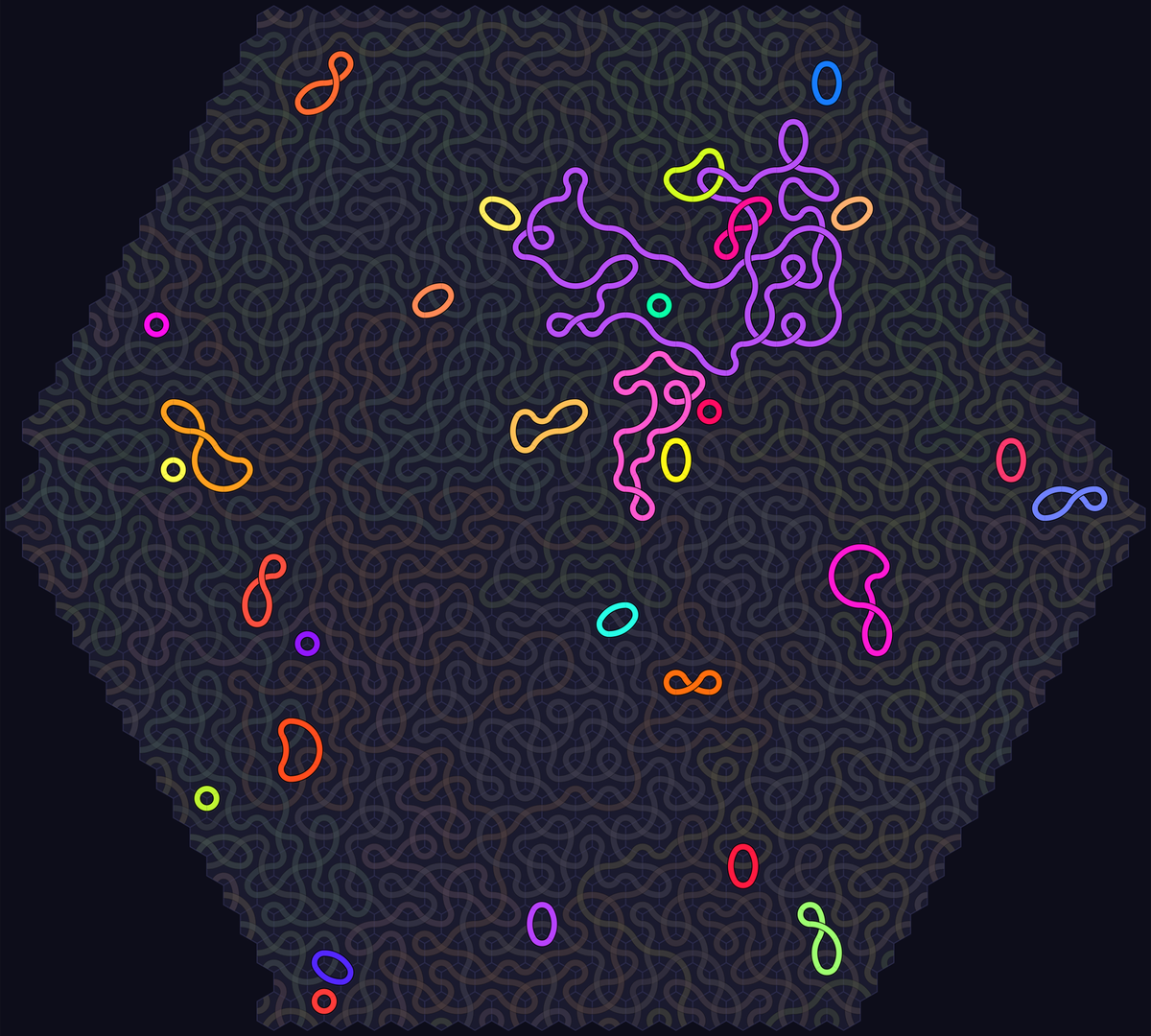 900-tile spiral with 30 loops highlighted in vivid colours against muted open paths