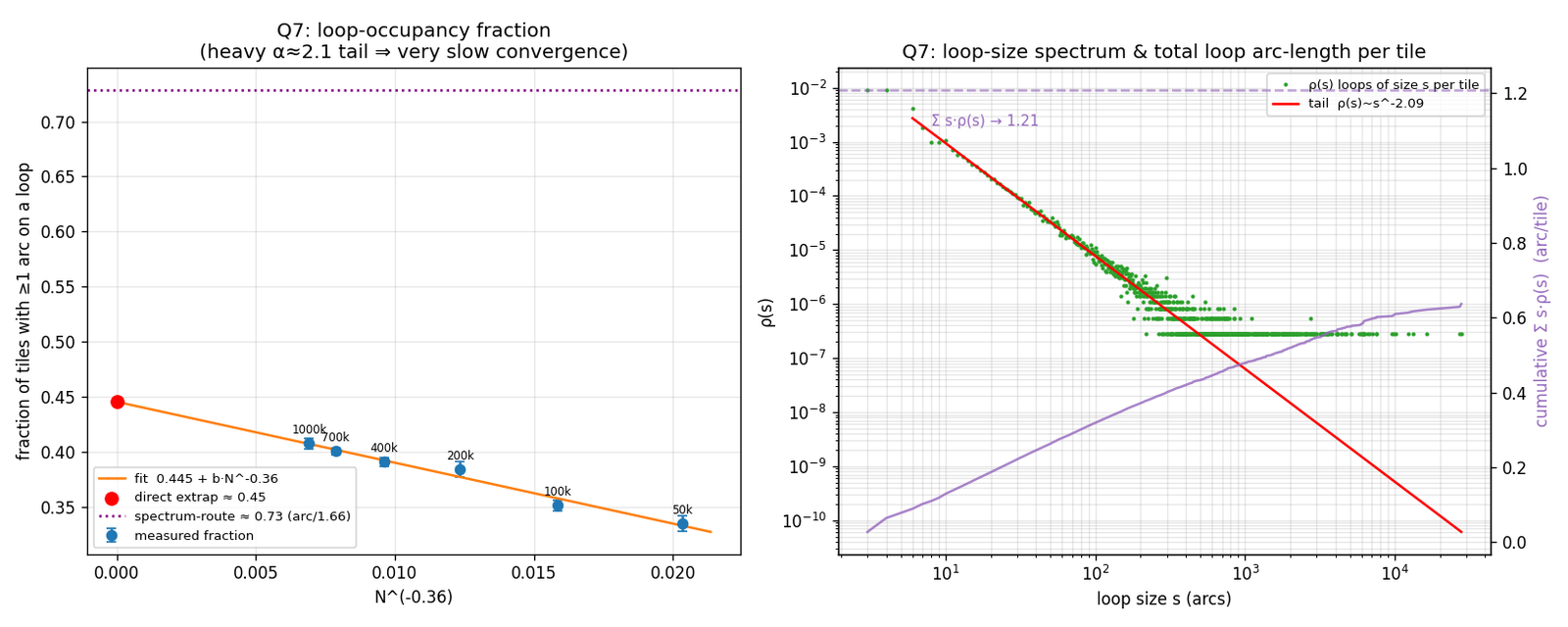 Two panels: loop-tile fraction vs 1/√N showing slow upward convergence; cumulative Σ s·ρ(s) vs loop size s showing the heavy tail